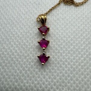 10K Yellow Gold Heart Shaped Red Ruby Rubies Round Diamonds Pendant Necklace 18”